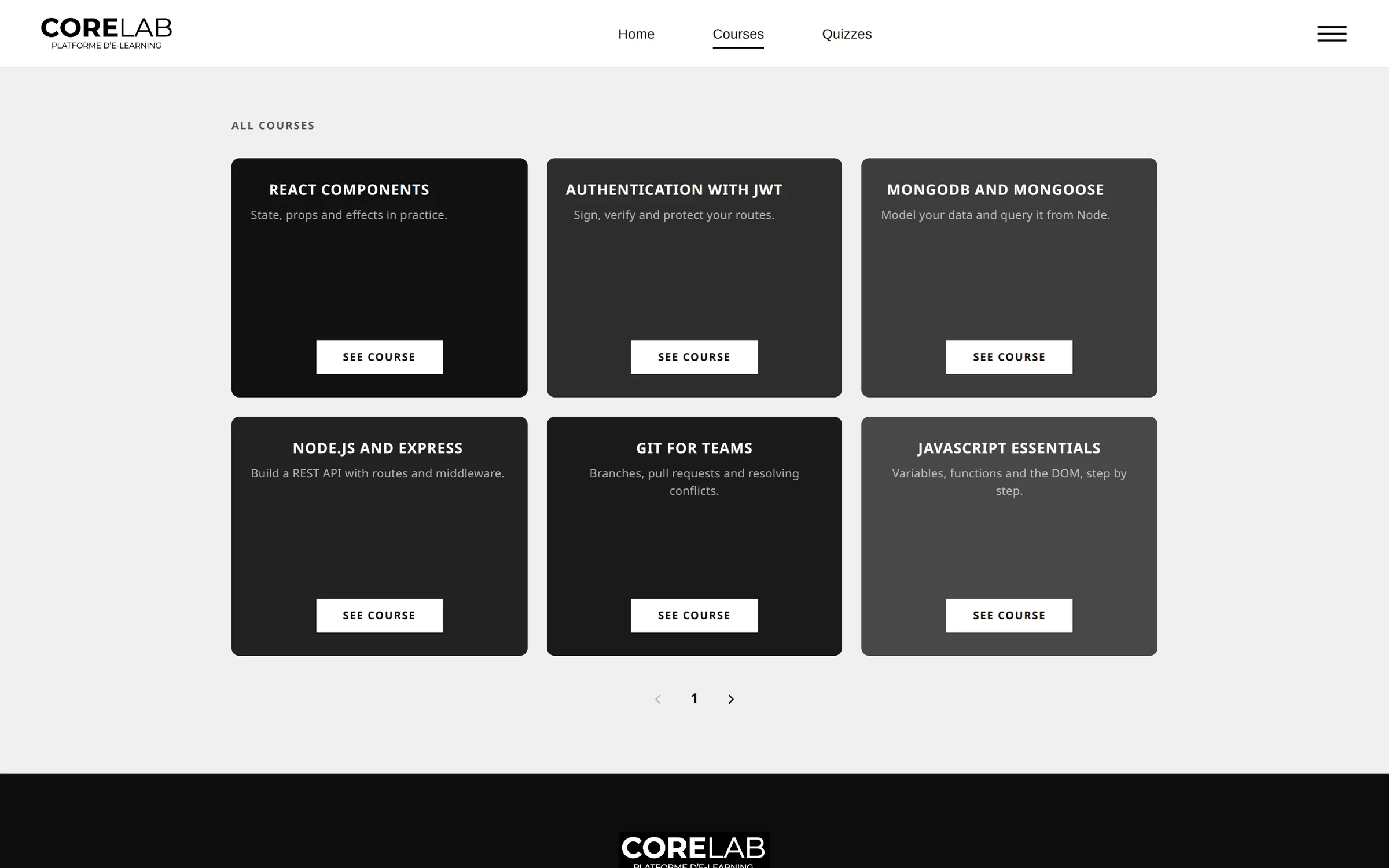 La liste des cours de Corelab, en cartes sombres avec leur titre, leur description et un bouton pour ouvrir le cours.