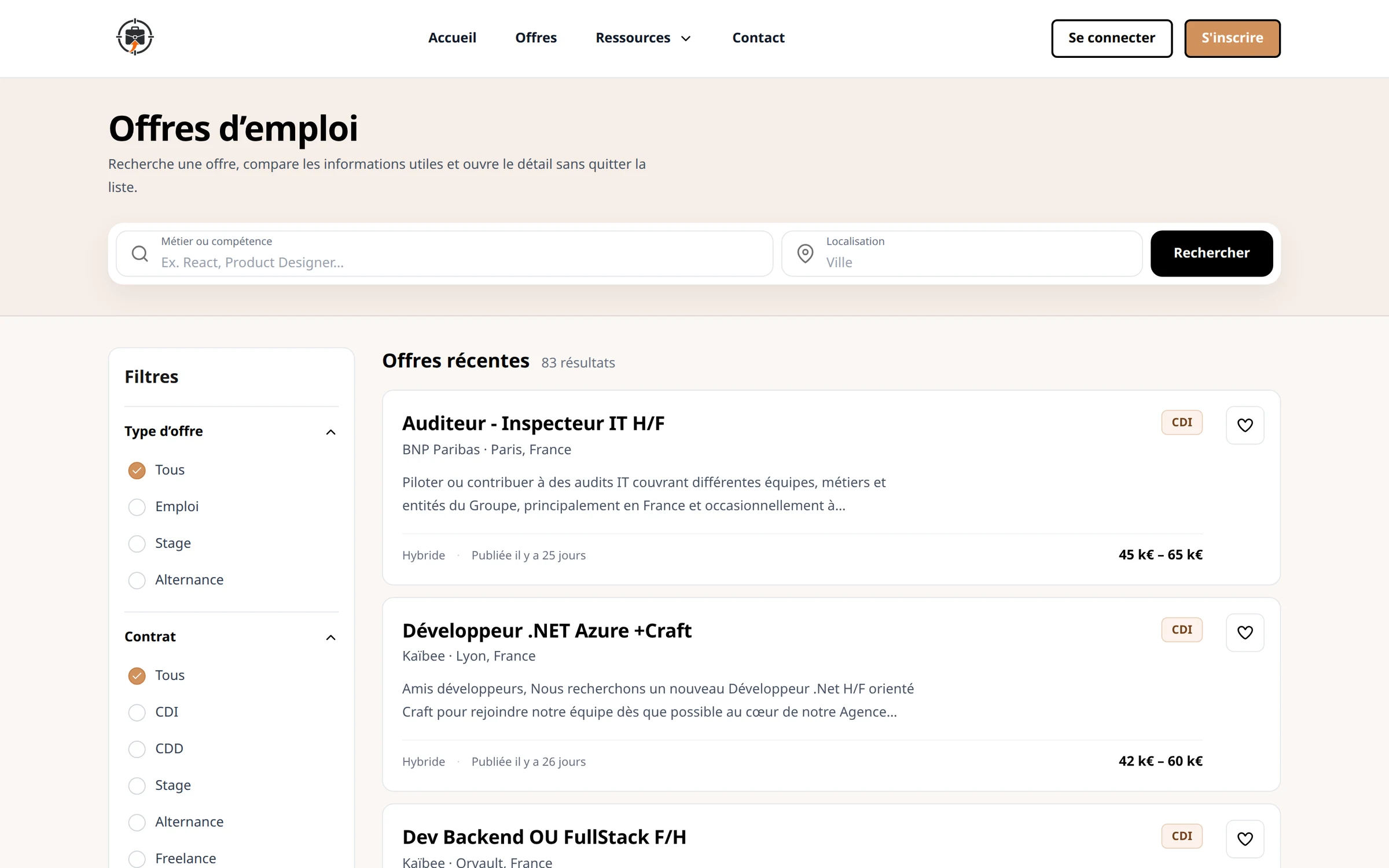 La liste des offres d’Overkill : une recherche par métier et par ville, les filtres par type d’offre et par contrat, et les offres récentes avec leur entreprise, leur lieu, leur contrat et leur salaire.