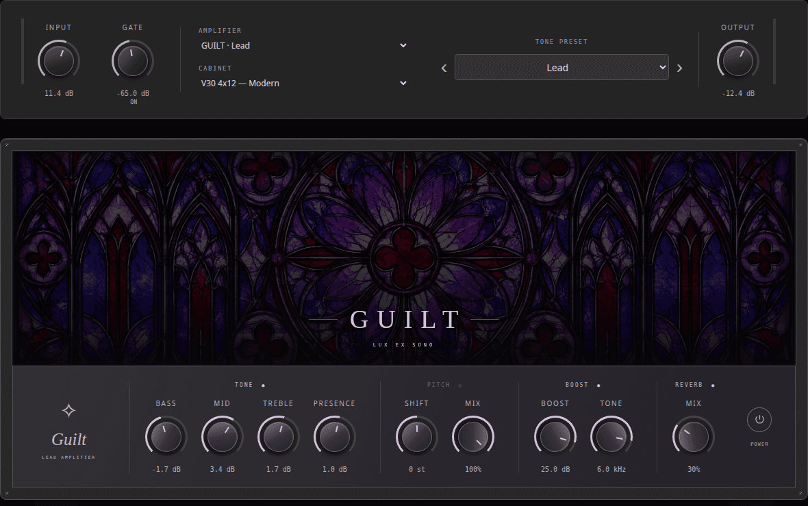 L’interface actuelle de Tonecraft : les choix d’ampli et de haut-parleur au-dessus d’un ampli aux vitraux violets, avec ses boutons de réglage.